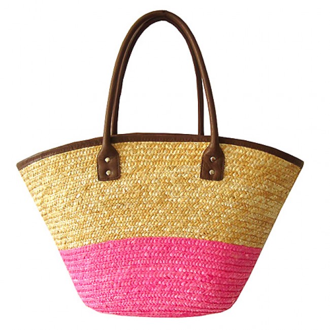 Straw Tote: Woven Wheat 2-tone w/ PU Leather Handles - Pink - BG-R11050PK